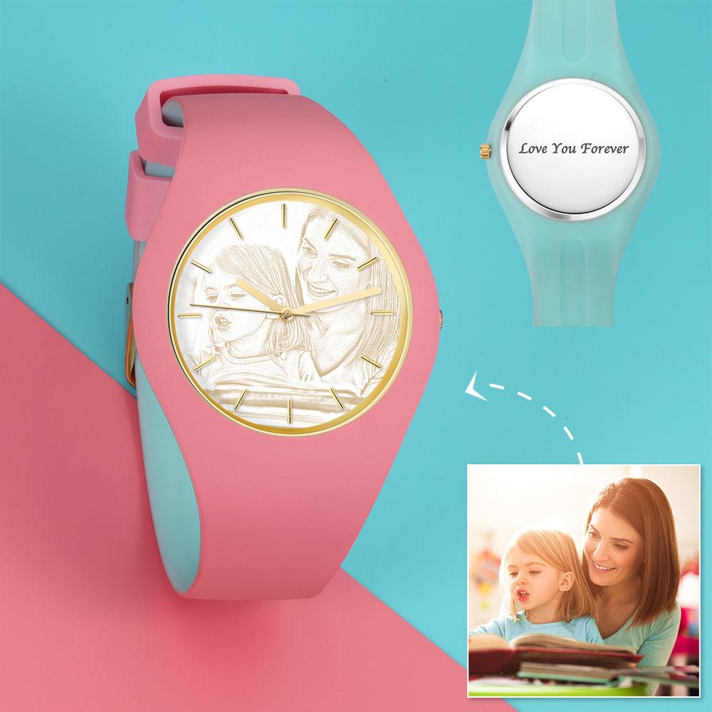 Unisex Silicone Engraved Photo Watch Unisex Engraved Photo Watch  41mm  Pink and Blue Strap - Golden