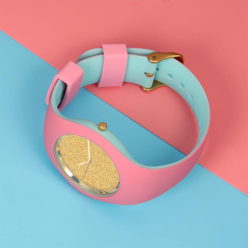 Unisex Silicone Engraved Watch Unisex Engraved Watch  41mm Pink and Blue Strap - Golden