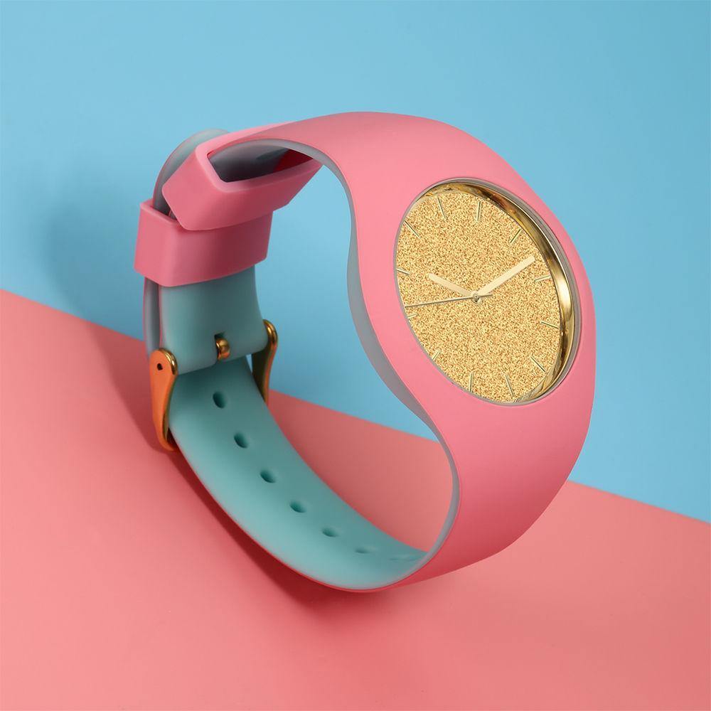 Unisex Silicone Engraved Watch Unisex Engraved Watch  41mm Pink and Blue Strap - Golden