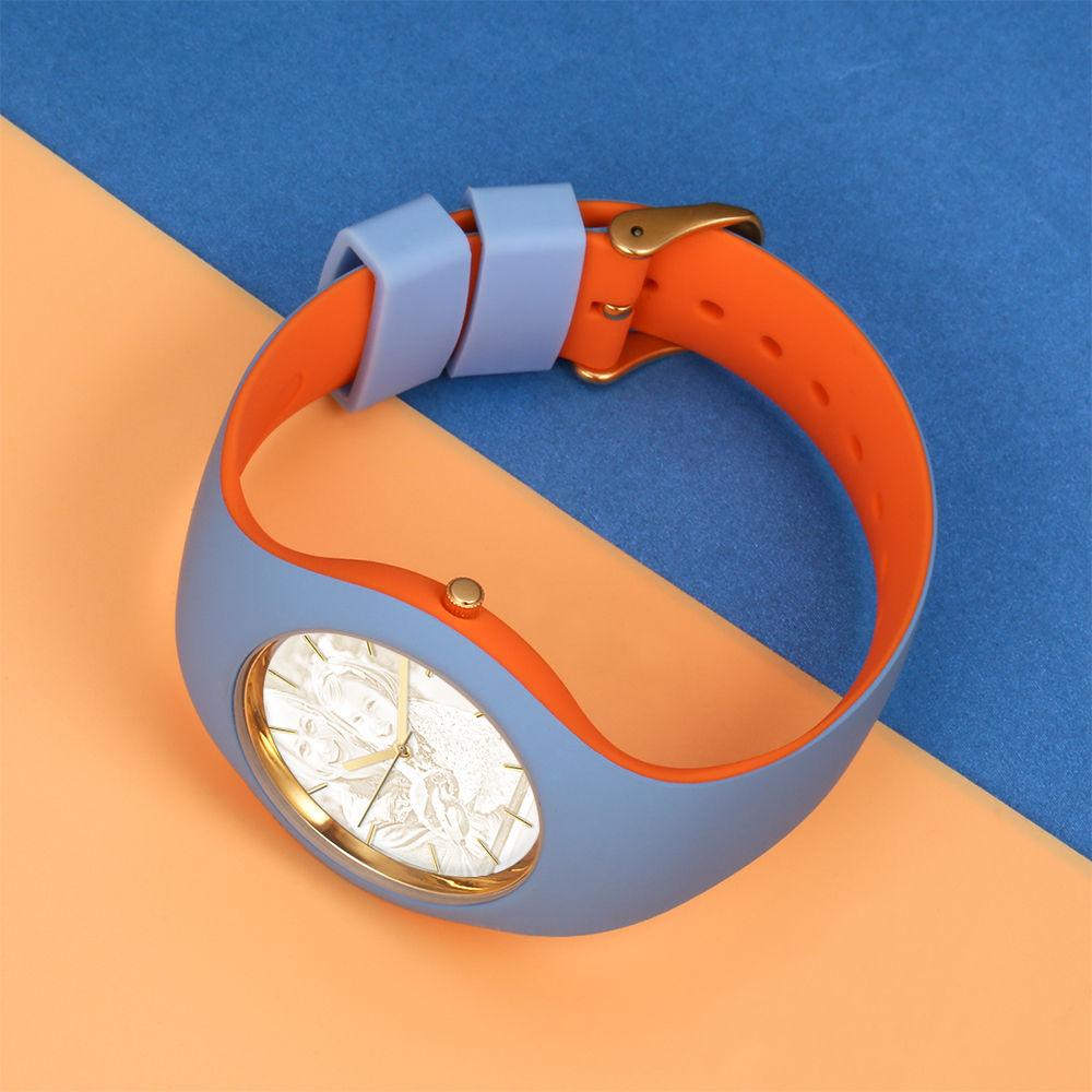 Unisex Silicone Engraved Photo Watch Unisex Engraved Photo Watch  41mm Orange and Blue Strap- Golden