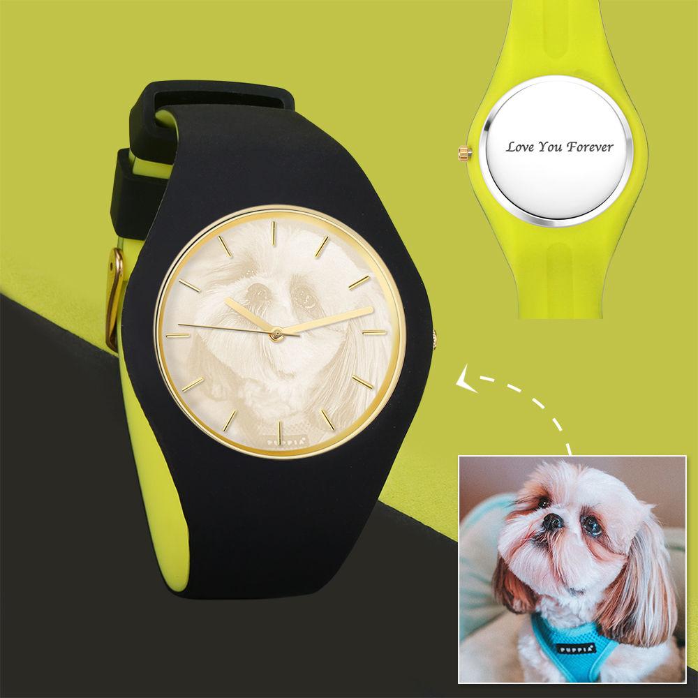 Unisex Silicone Engraved Photo Watch Unisex Engraved Photo Watch  41mm Black and Green Strap - Golden
