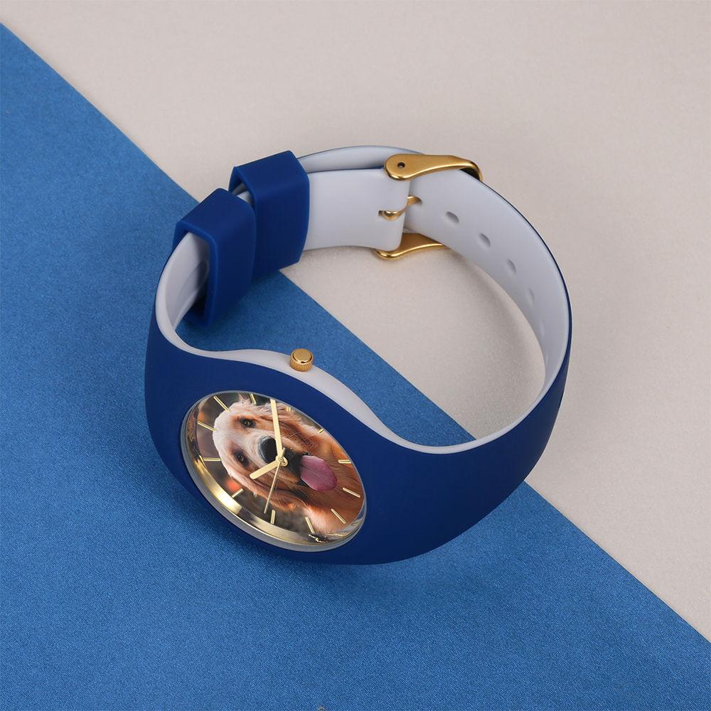 Unisex Silicone Engraved Photo Watch Unisex Engraved Photo Watch  41mm Blue and White Strap