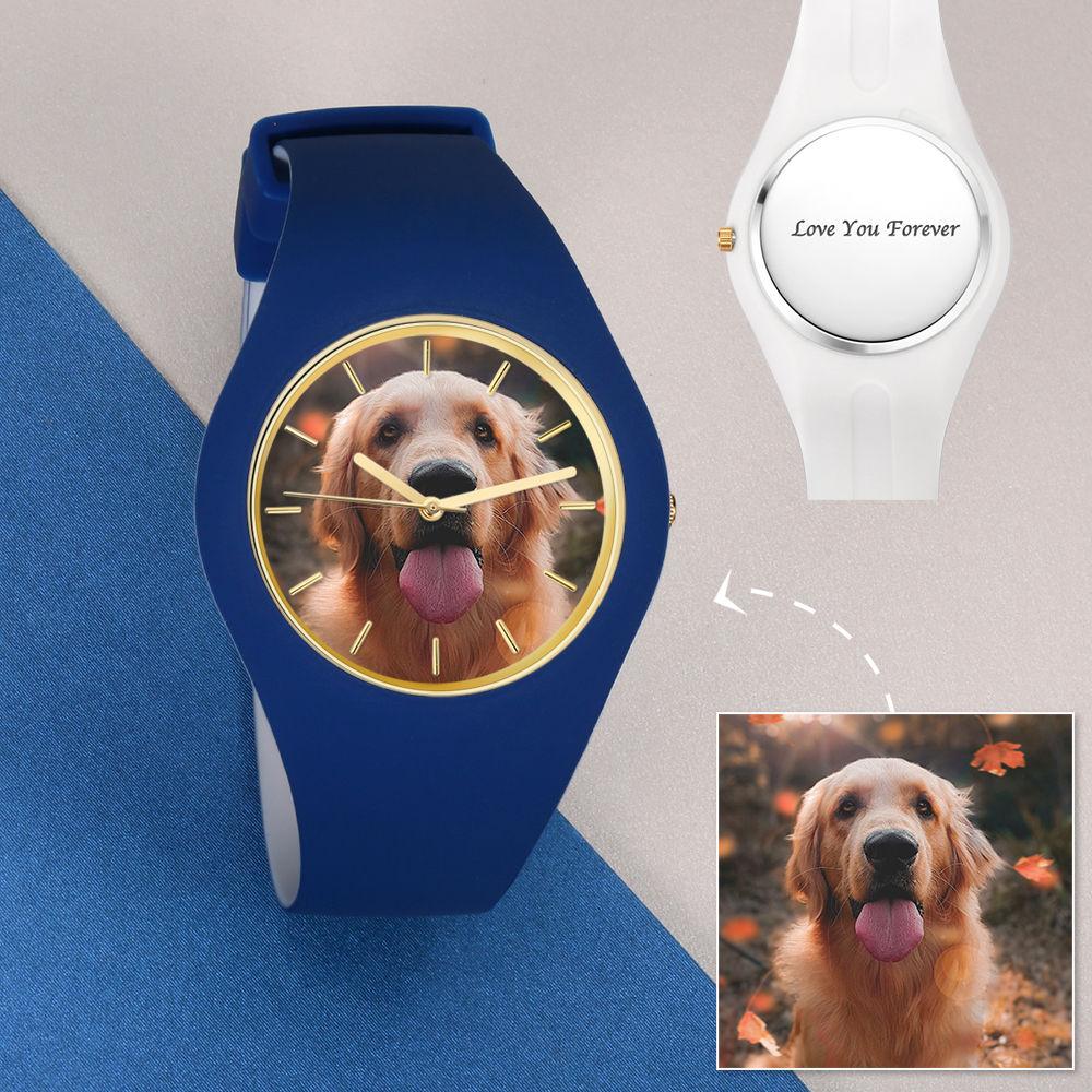 Unisex Silicone Engraved Photo Watch Unisex Engraved Photo Watch  41mm Blue and White Strap