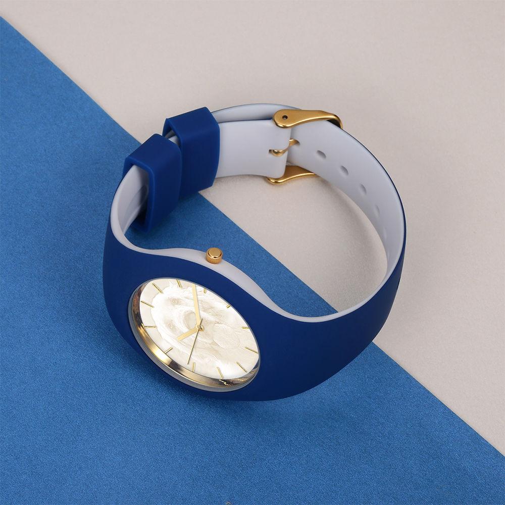 Unisex Silicone Engraved Photo Watch Unisex Engraved Photo Watch  41mm  Blue and White Strap - Golden