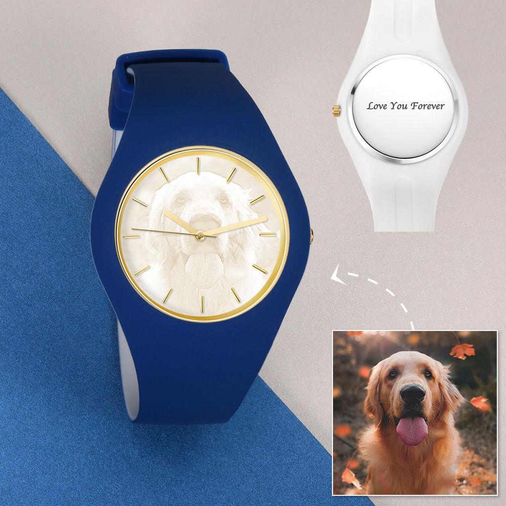 Unisex Silicone Engraved Photo Watch Unisex Engraved Photo Watch  41mm  Blue and White Strap - Golden