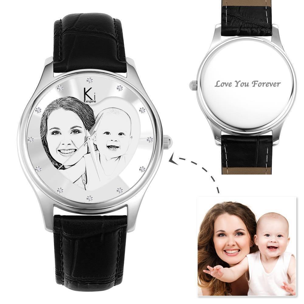 Men's Engraved Photo Watch 43mm Black Leather Strap- Sketch