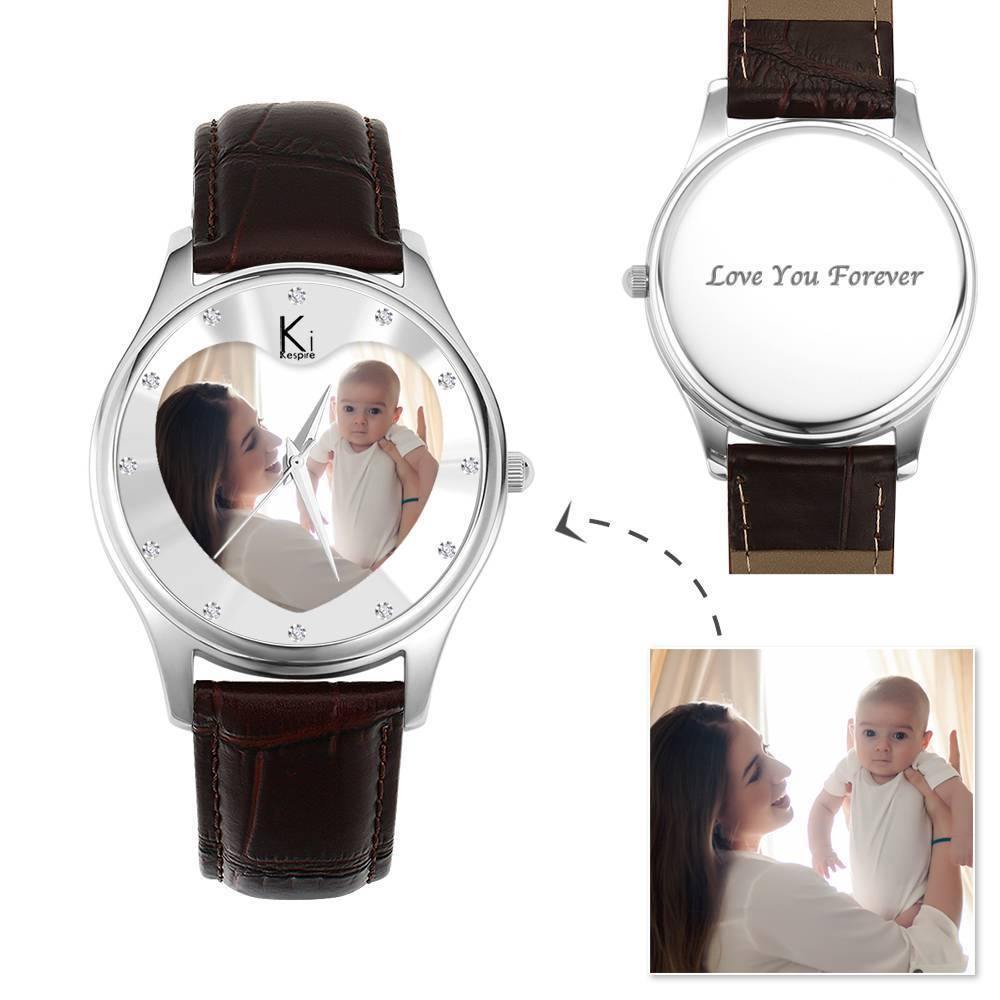 Women's Engraved Photo Watch 40mm Brown Leather Strap