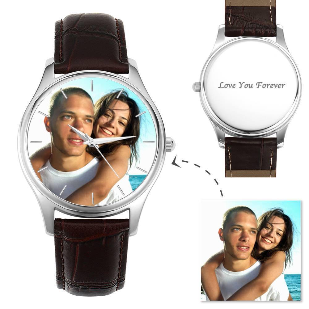 Men's Engraved Photo Watch 43mm Brown Leather Strap