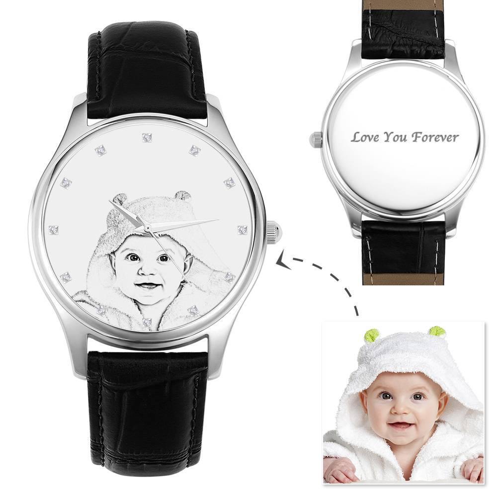 Men's Engraved Photo Watch 43mm Black Leather Strap - Sketch