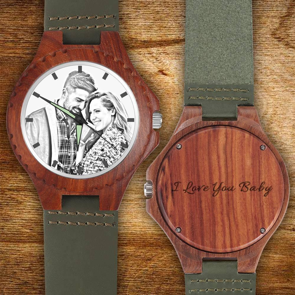 Unisex Engraved Photo Watch 48mm Wood Grain and Dark Green Strap - Sketch
