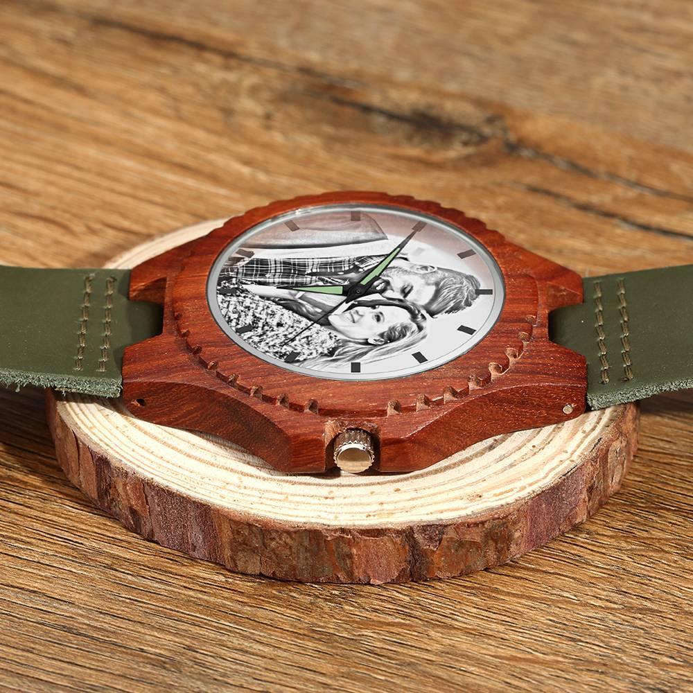 Unisex Engraved Photo Watch 48mm Wood Grain and Dark Green Strap - Sketch