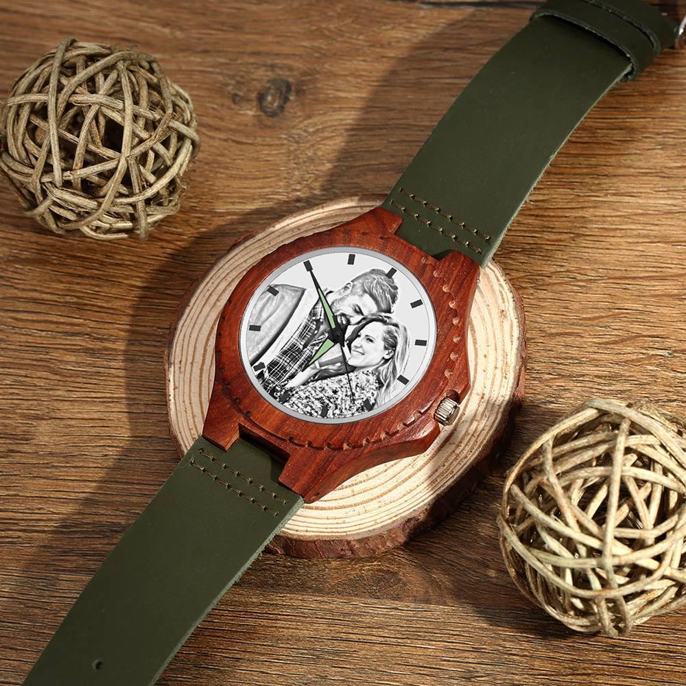Unisex Engraved Photo Watch 48mm Wood Grain and Dark Green Strap - Sketch