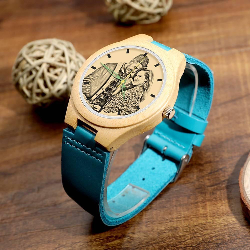 Men's Engraved Wooden Photo Watch Blue Leather Strap - Bamboo
