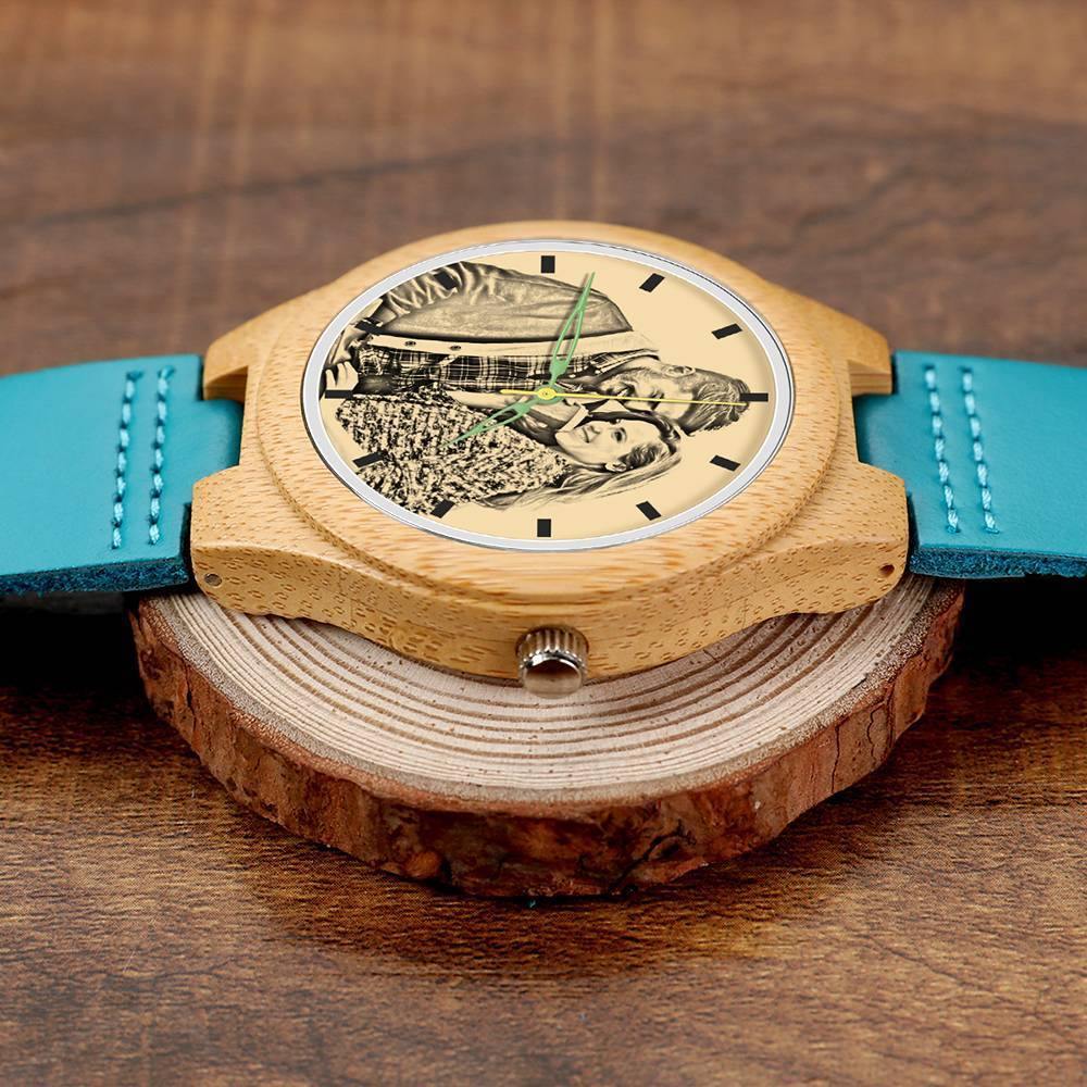 Men's Engraved Wooden Photo Watch Blue Leather Strap - Bamboo