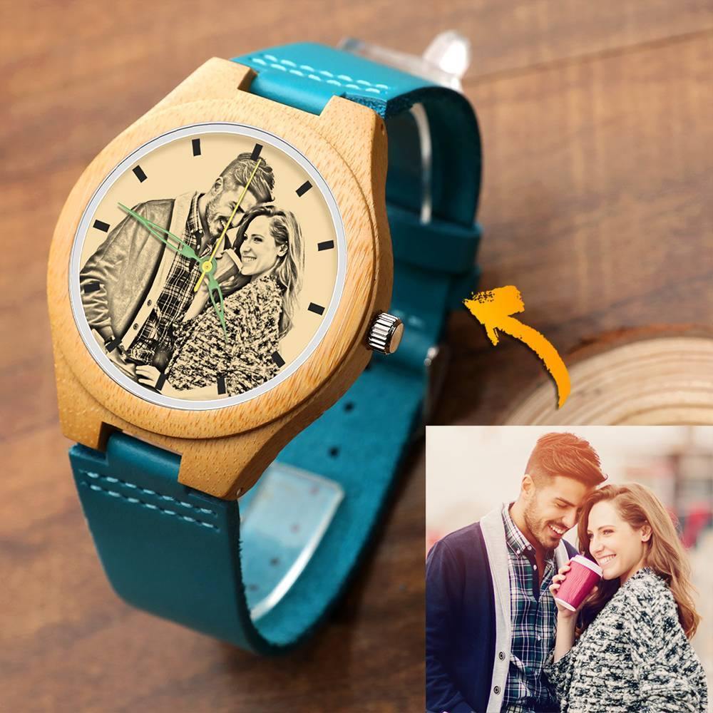 Men's Engraved Wooden Photo Watch Blue Leather Strap - Bamboo