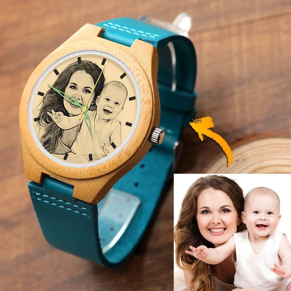 Women's Engraved Wooden Photo Watch Blue Leather Strap - Bamboo