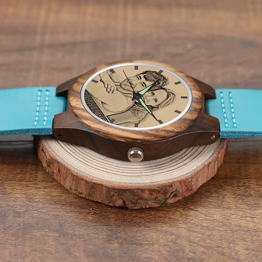 Men's Engraved Wooden Photo Watch Blue Leather Strap - Sandalwood