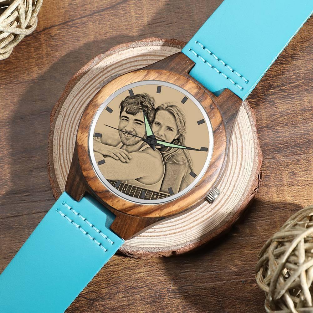 Men's Engraved Wooden Photo Watch Blue Leather Strap - Sandalwood