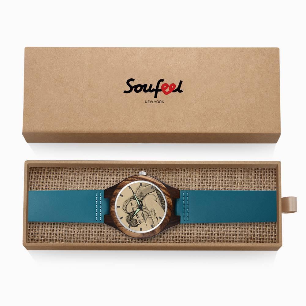 Men's Engraved Wooden Photo Watch Blue Leather Strap - Sandalwood