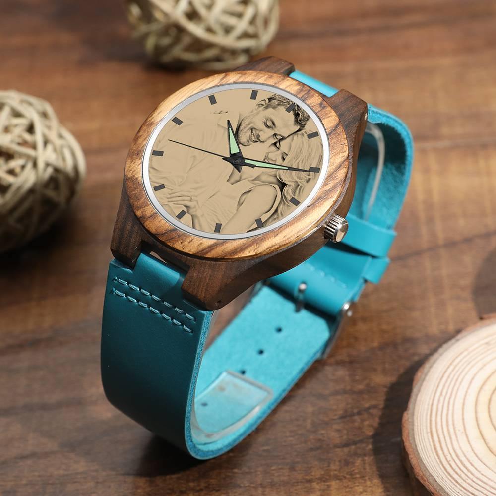 Women's Engraved Wooden Photo Watch Blue Leather Strap - Sandalwood