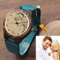 Women's Engraved Wooden Photo Watch Blue Leather Strap - Sandalwood