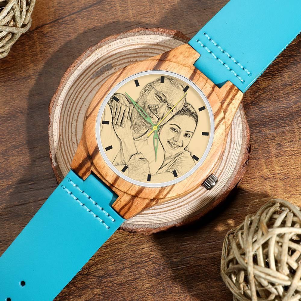 Men's Engraved Wooden Stripe Photo Watch Blue Leather Strap - Zebra Wood
