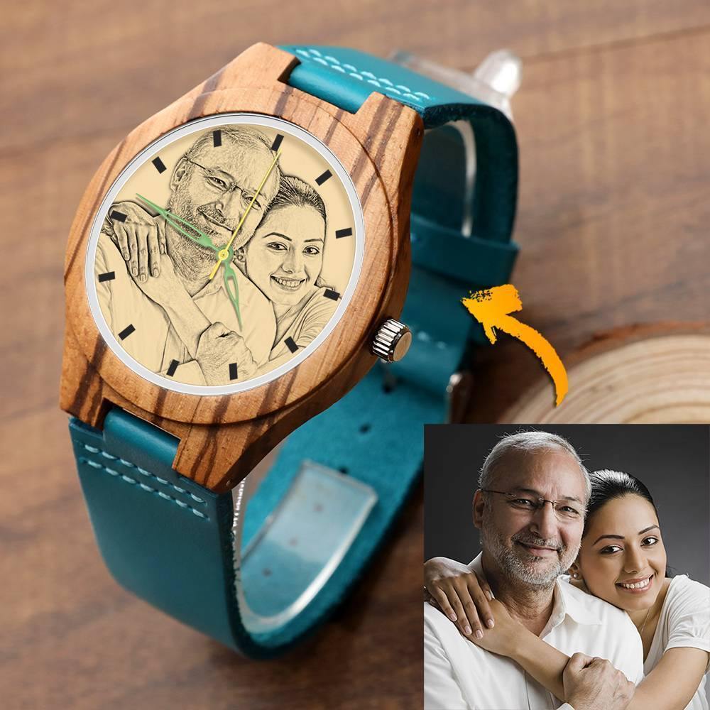 Men's Engraved Wooden Stripe Photo Watch Blue Leather Strap - Zebra Wood
