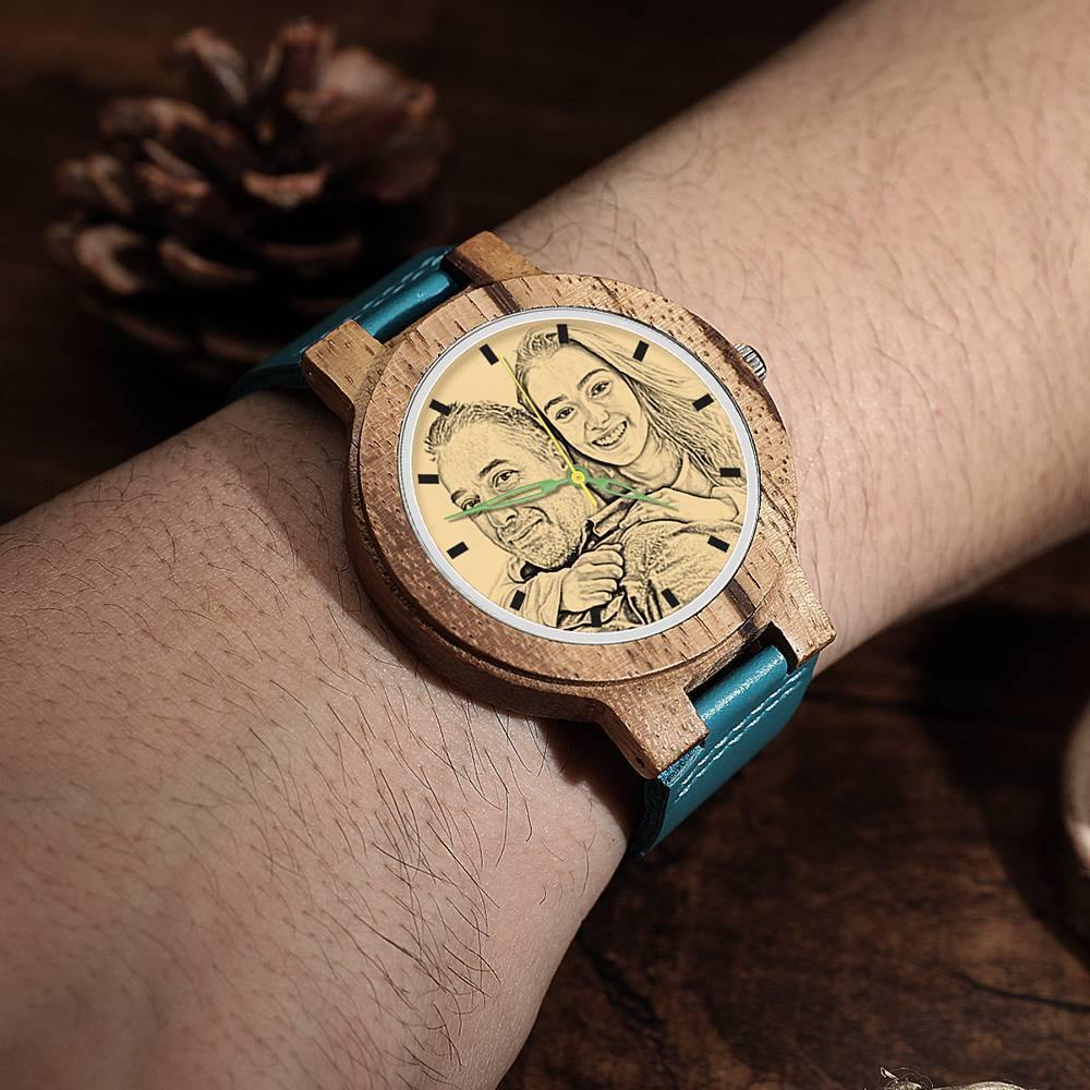 Men's Engraved Wooden Photo Watch Blue Leather Strap - Zebra Wood