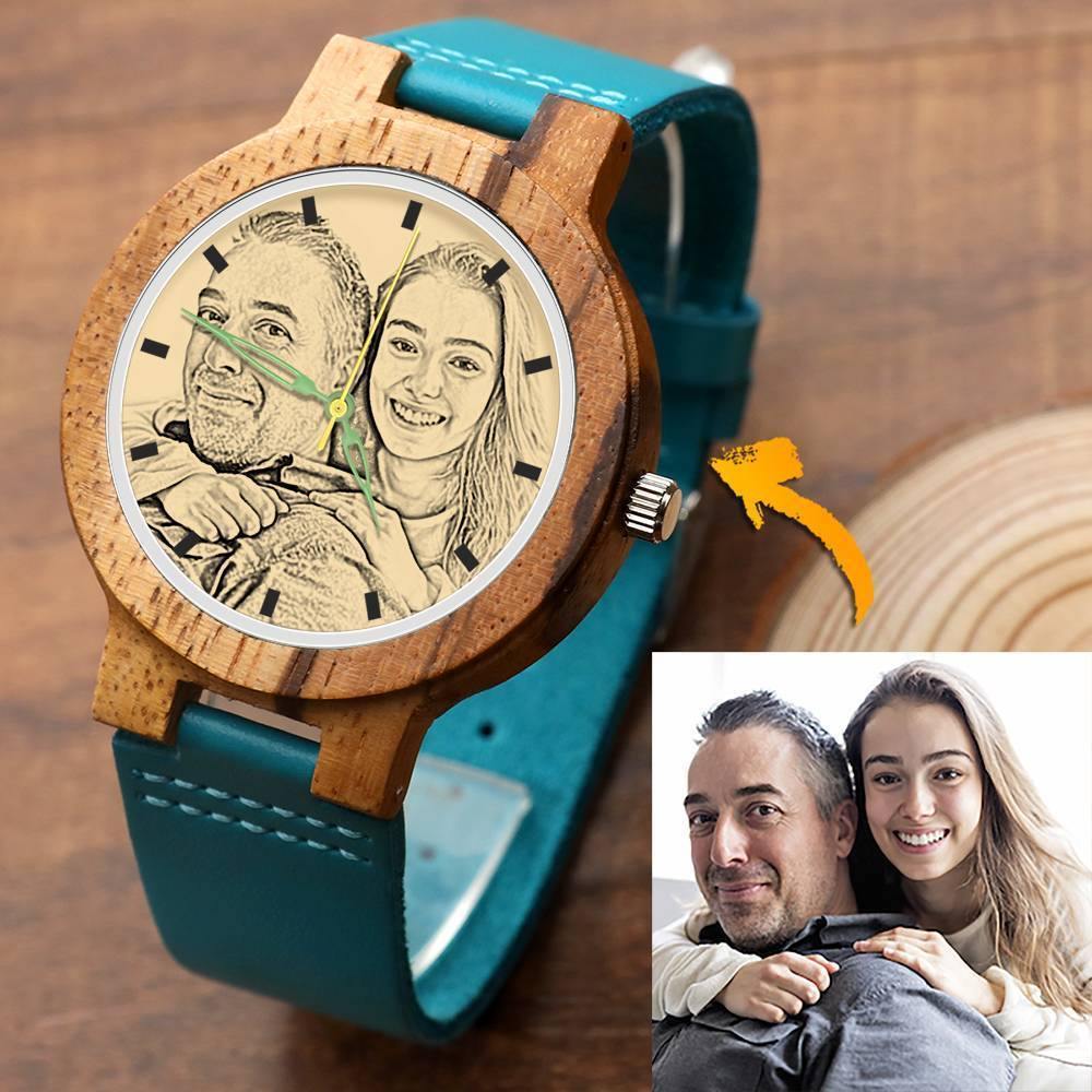 Men's Engraved Wooden Photo Watch Blue Leather Strap - Zebra Wood