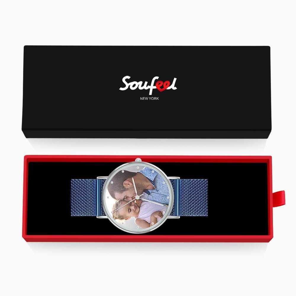 Personalized Engraved Watch, Custom Your Own Photo Watch with Blue Strap