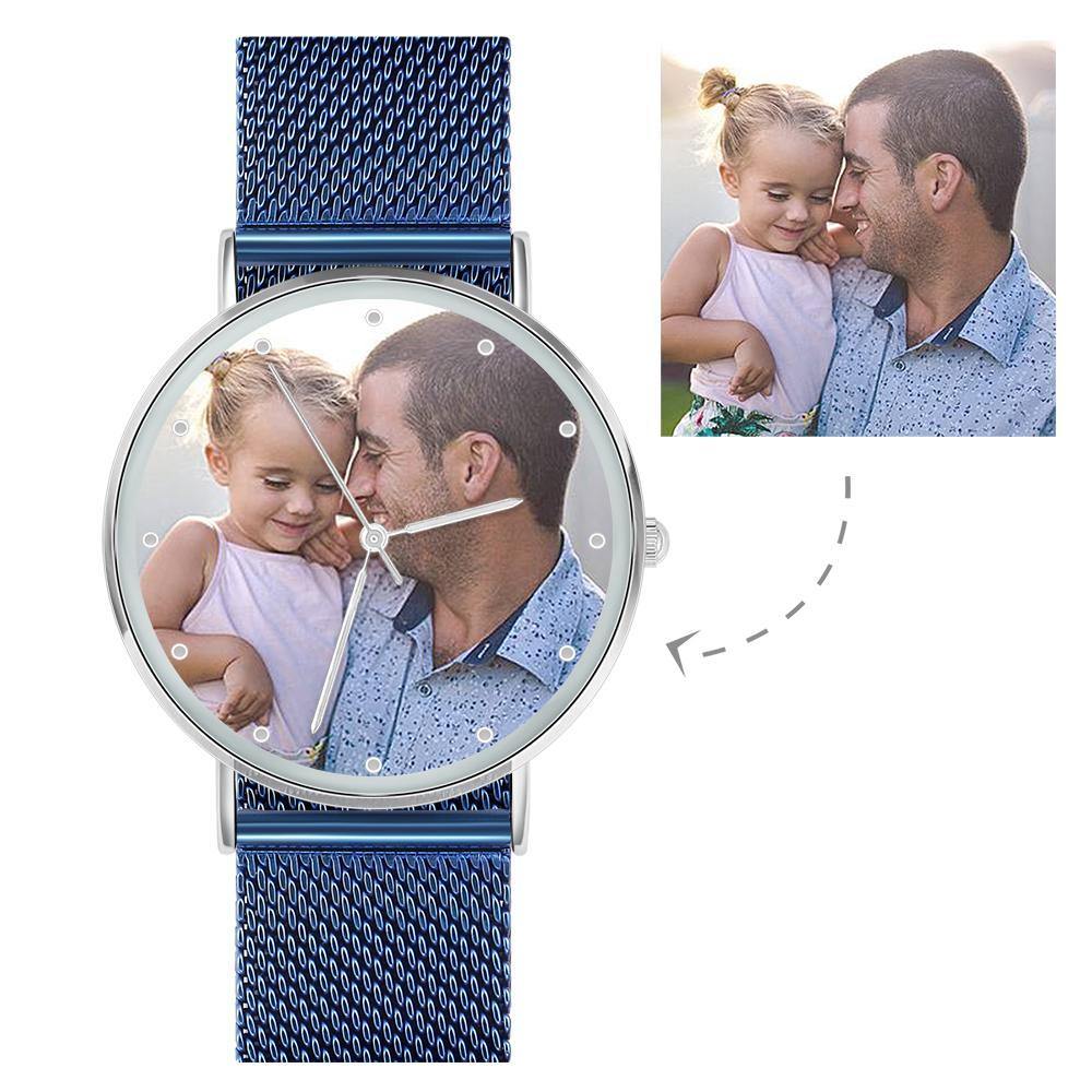Personalized Engraved Watch, Custom Your Own Photo Watch with Blue Strap