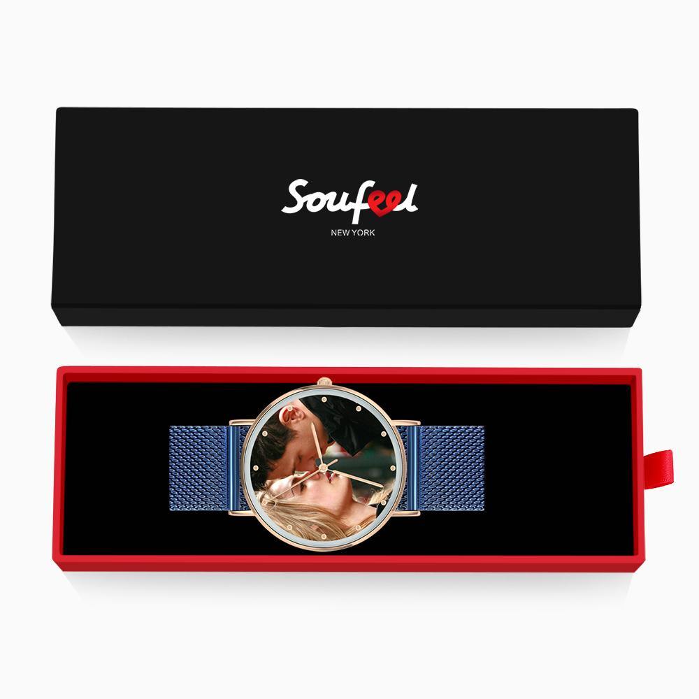 Personalized Engraved Watch, Photo Watch with Blue Strap - Gift for Boyfriend