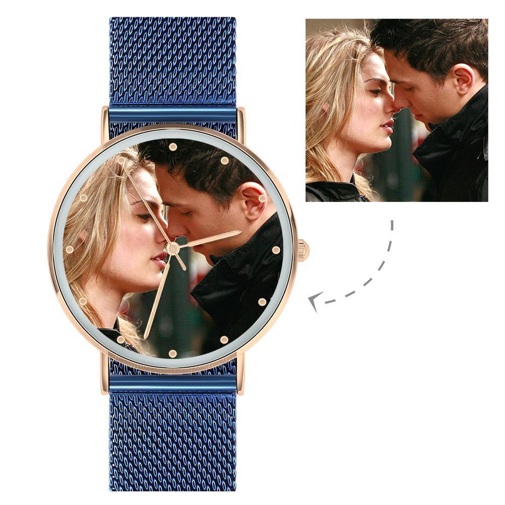 Personalized Engraved Watch, Photo Watch with Blue Strap - Gift for Boyfriend