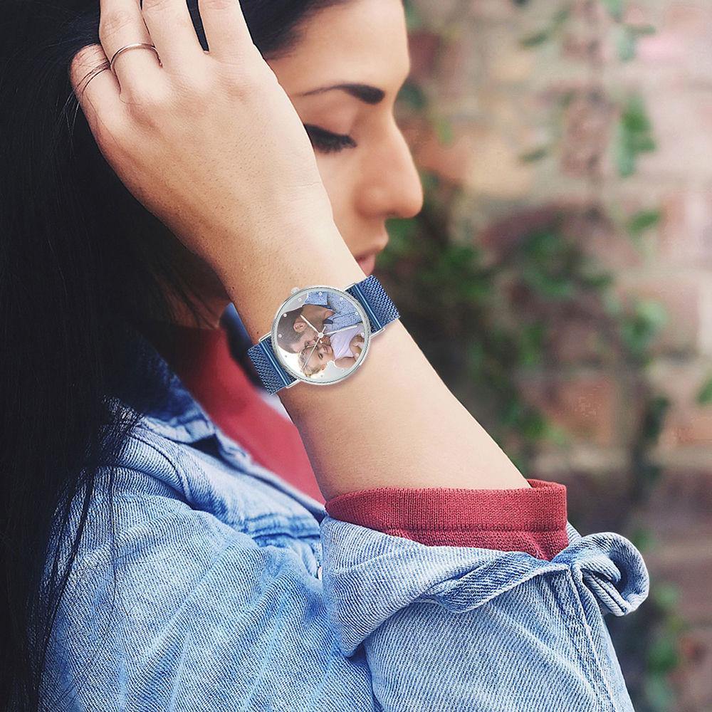Photo Engraved Watch, Custom Your Own Photo Watch with Blue Strap - Women