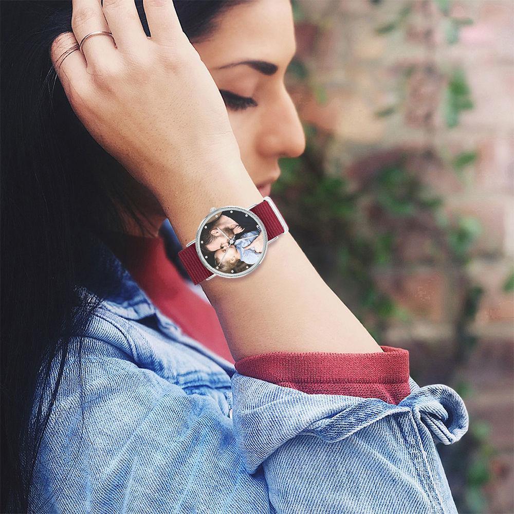 Photo Engraved Watch, Custom Your Own Photo Watch with Red Strap - Women