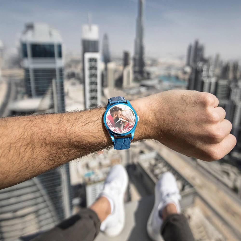 Personalized Engraved Watch, Photo Watch with Leather Strap Men's - Gift for Boyfriend