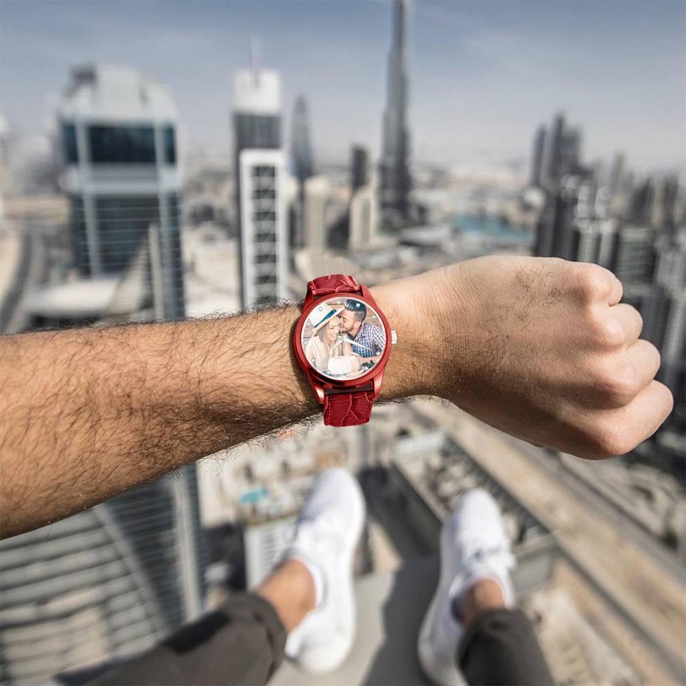 Personalized Engraved Watch, Photo Watch with Leather Strap Men's - Gift for Boyfriend