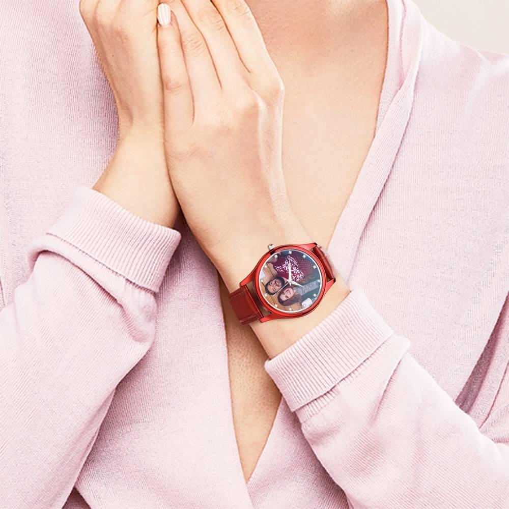 Personalized Engraved Watch, Photo Watch with Leather Strap Women's
