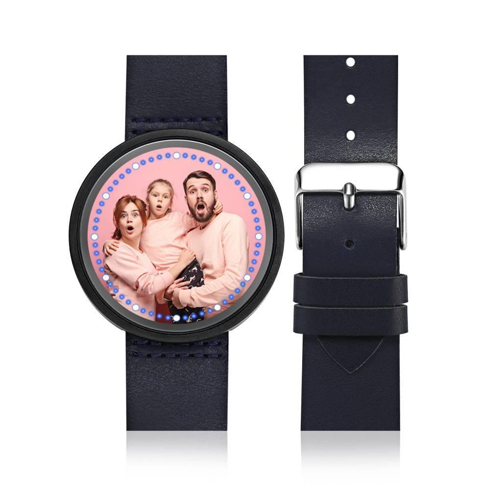 Personalized Photo Watch, Touch Illuminated Watch LED Blue Leather Strap