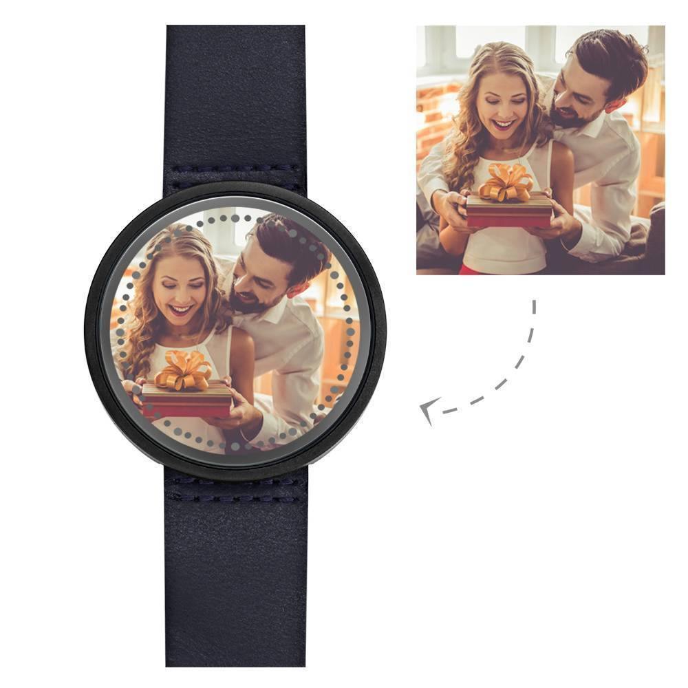 Personalized Photo Watch, Touch Illuminated Watch Blue Leather Strap Couple's Gift
