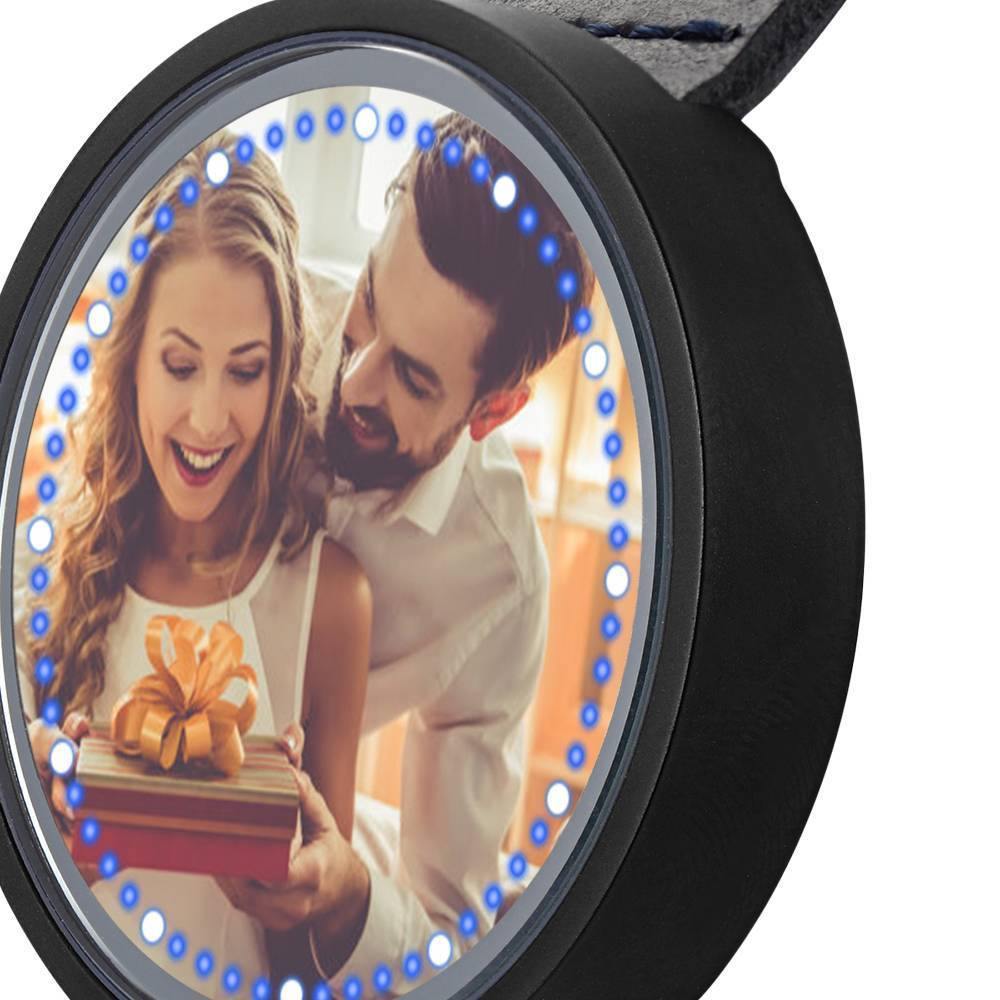 Personalized Photo Watch, Touch Illuminated Watch Blue Leather Strap Couple's Gift