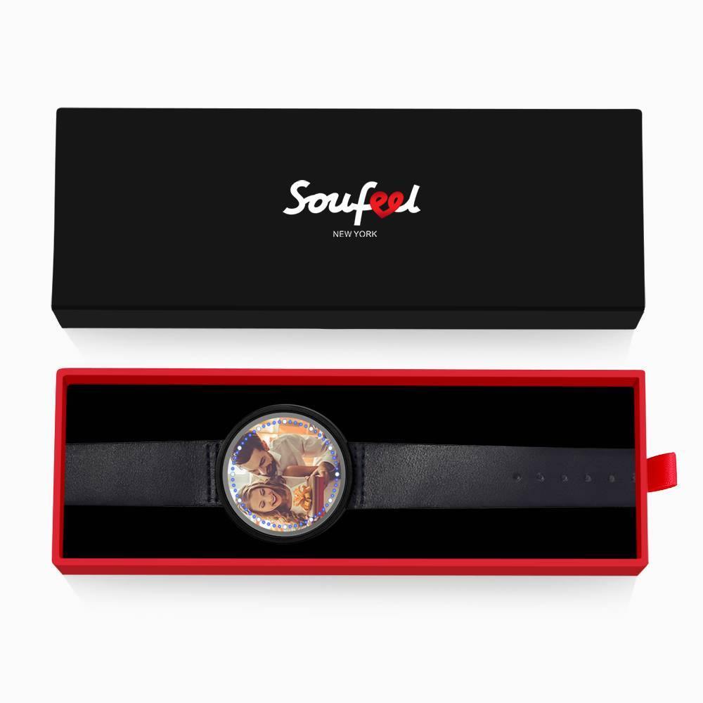 Personalized Photo Watch, Touch Illuminated Watch Blue Leather Strap Couple's Gift