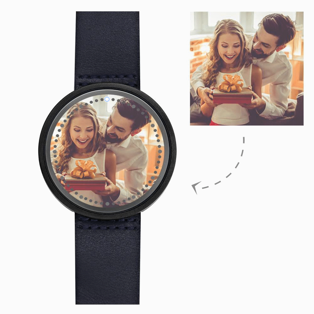 Personalized Photo Watch, Touch Illuminated Watch Blue Leather Strap Couple's Gift