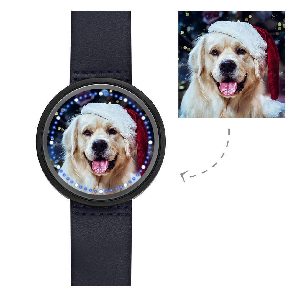 Personalized Photo Watch, Touch Illuminated Watch Blue Leather Strap Cute Pet