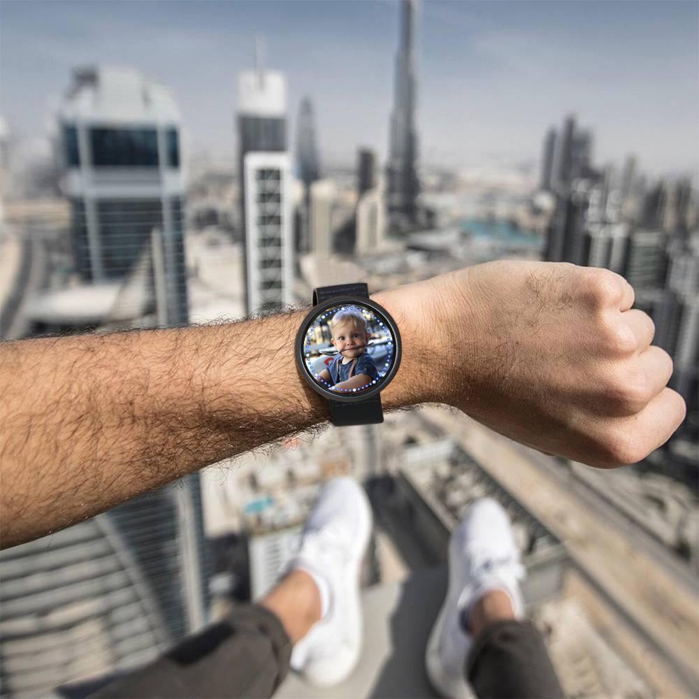 Personalized Photo Watch, Touch Illuminated Watch Blue Leather Strap Family Gift