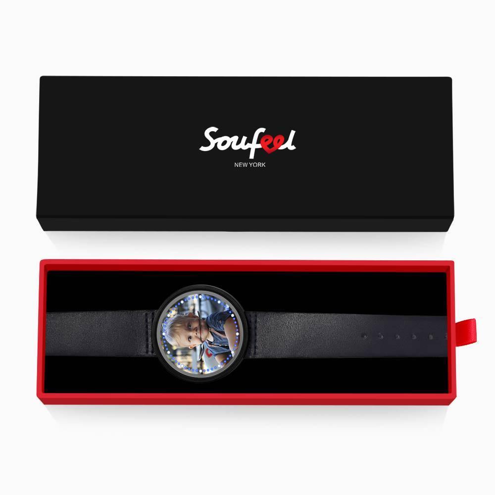 Personalized Photo Watch, Touch Illuminated Watch Blue Leather Strap Family Gift