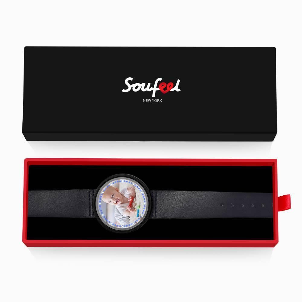 Personalized Photo Watch, Touch Illuminated Watch Blue Leather Strap Cute Children