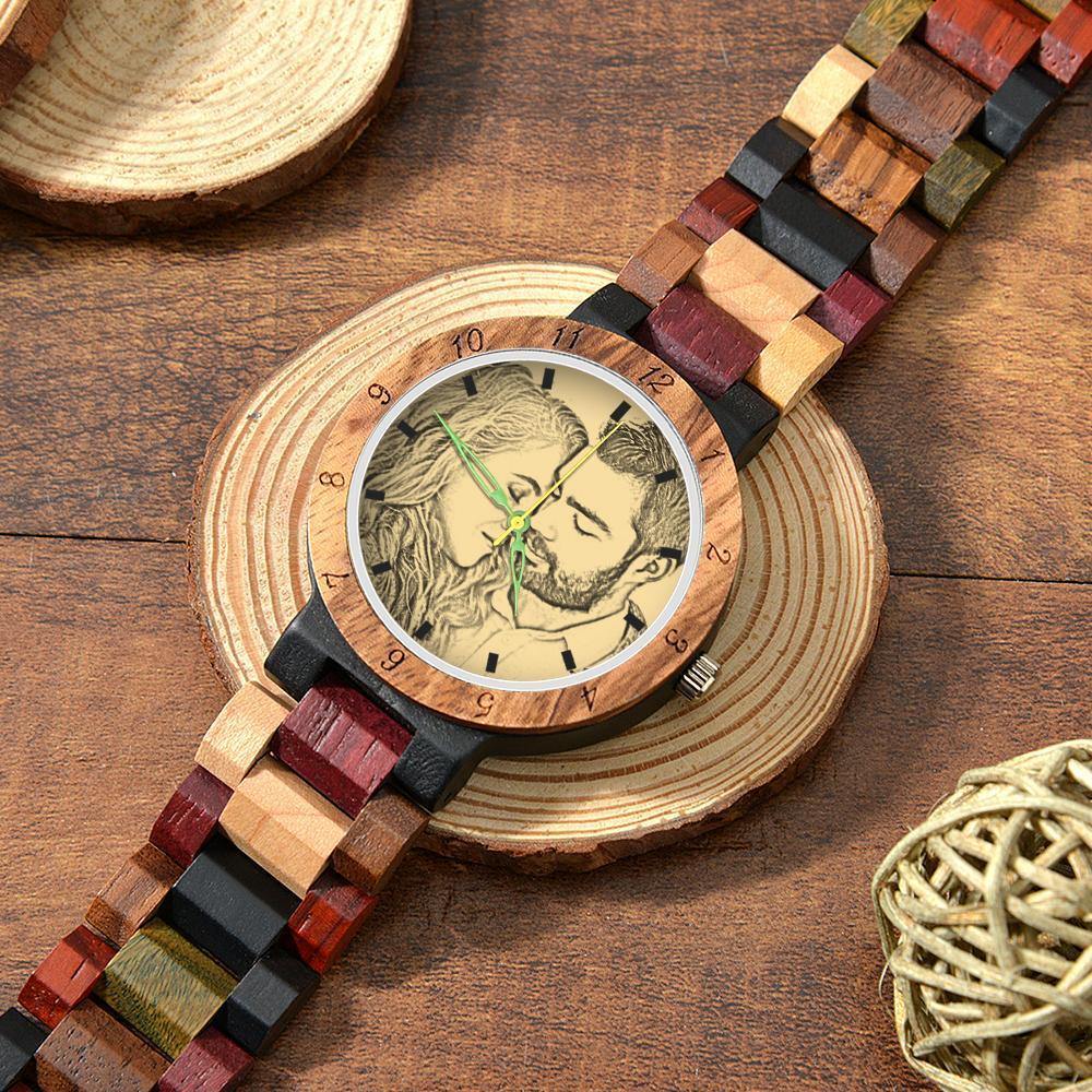 Photo Engraved Wooden, Photo Watch Wooden Strap 45mm Sketch Effect Colorful Wood for Men's