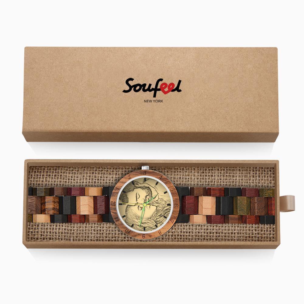 Photo Engraved Wooden, Photo Watch Wooden Strap 45mm Sketch Effect Colorful Wood for Men's