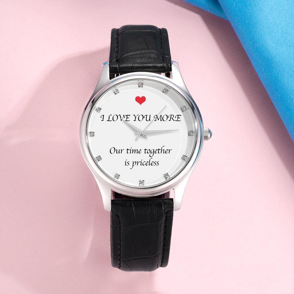Custom Photo Engraved Watch with Little Heart Black Leather Strap for Men's